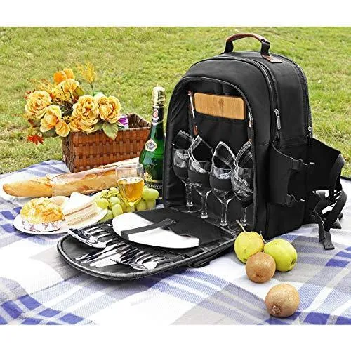 Sunflora Picnic Backpack for 4 Person Set Pack with Insulated Waterproof Pouch for Family Outdoor Camping (Black)