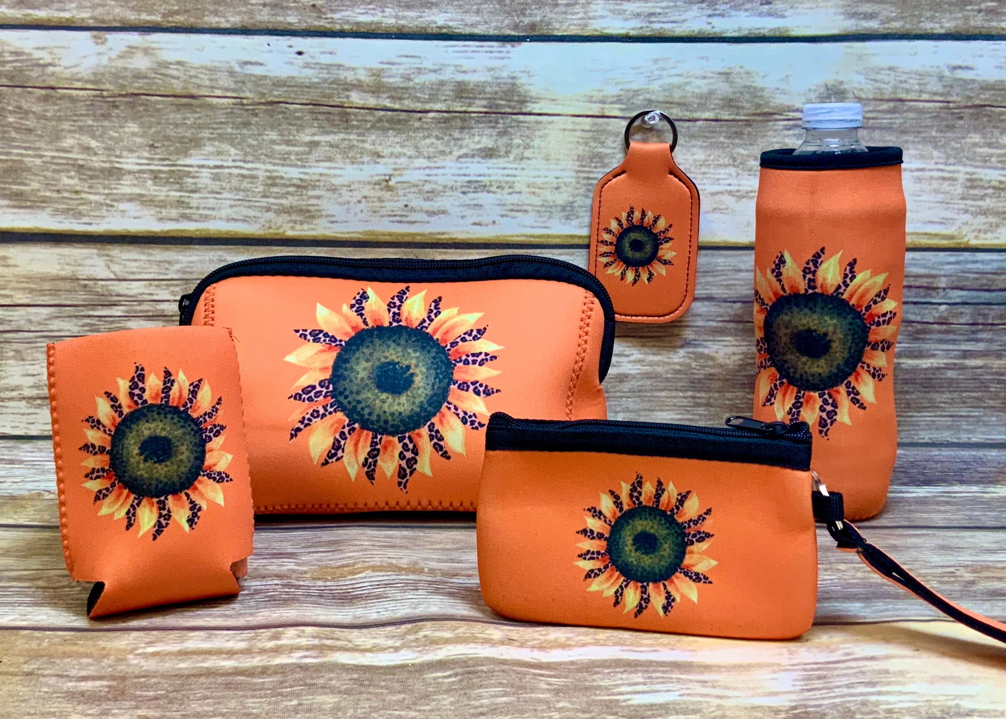 Sunflower with Leopard Print on Sunset Orange Neoprene Collection