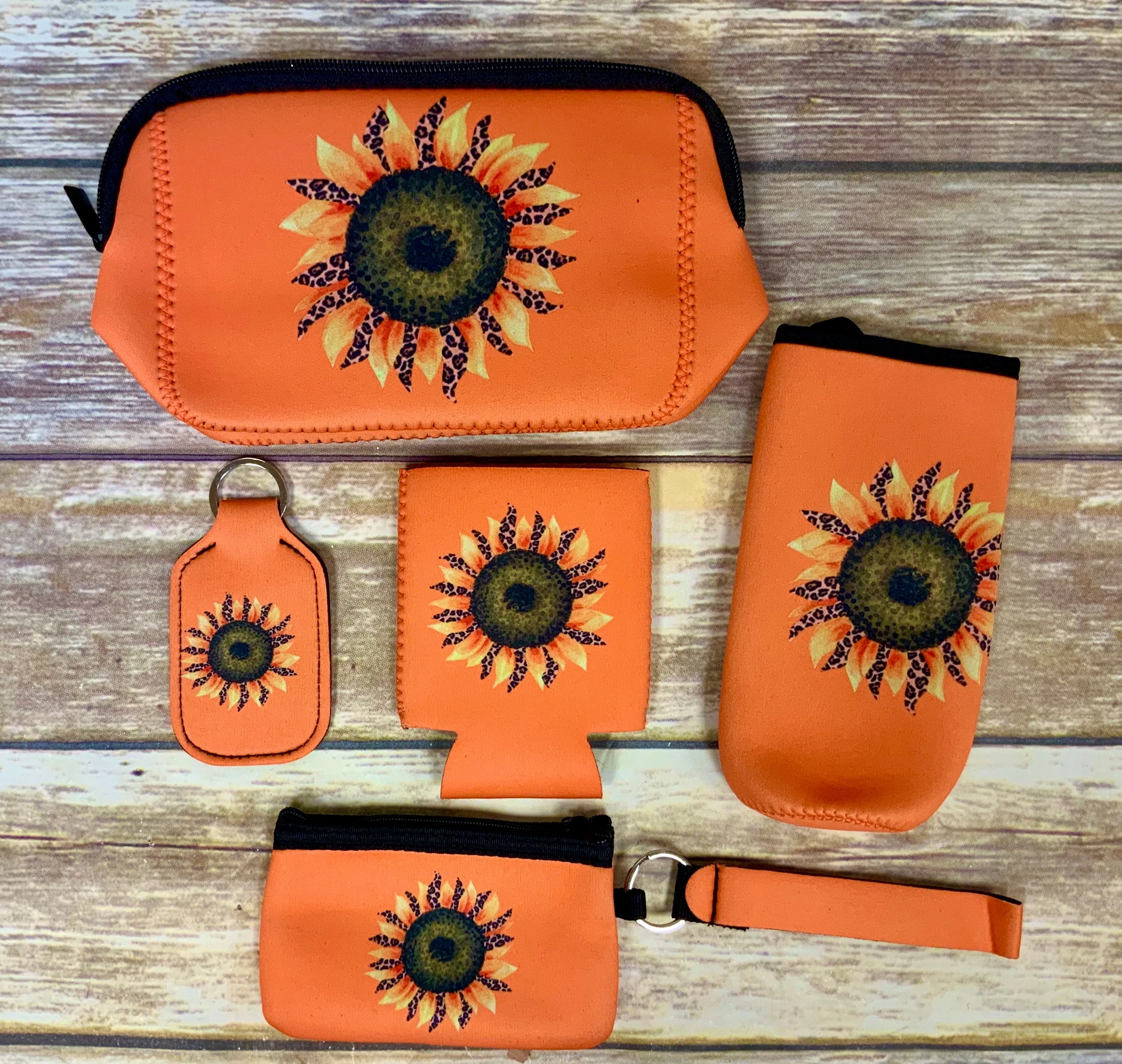 Sunflower with Leopard Print on Sunset Orange Neoprene Collection