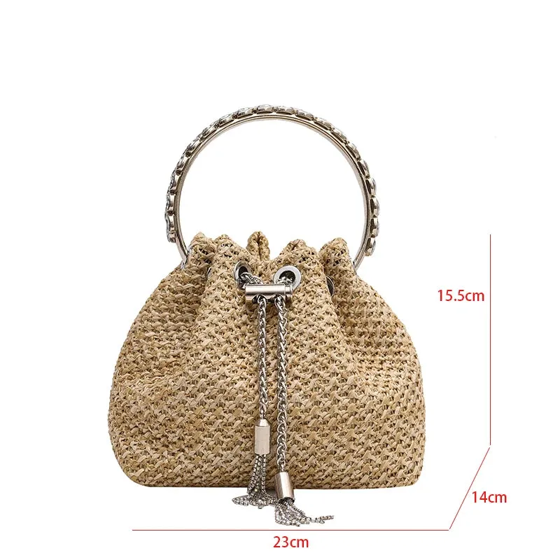 TAVIMART  -  Summer Travel Bag Women Designer Straw Beach Bag Luxury Handle Rhinestones Day Clutches Fashion Bucket Crossbody Bag Brown