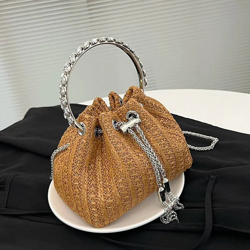 TAVIMART  -  Summer Travel Bag Women Designer Straw Beach Bag Luxury Handle Rhinestones Day Clutches Fashion Bucket Crossbody Bag Brown