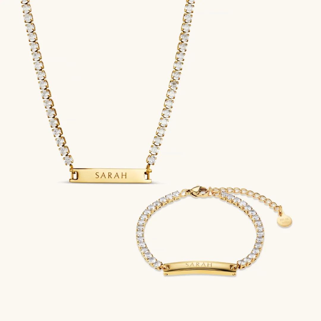 The Engraved Tennis Necklace & The Engraved Tennis Bracelet Matching Set Gold