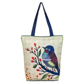 Tikuli Polyester Durable Canvas Large Size Printed Tote Bag for Women with ZIP (Beige Blue)