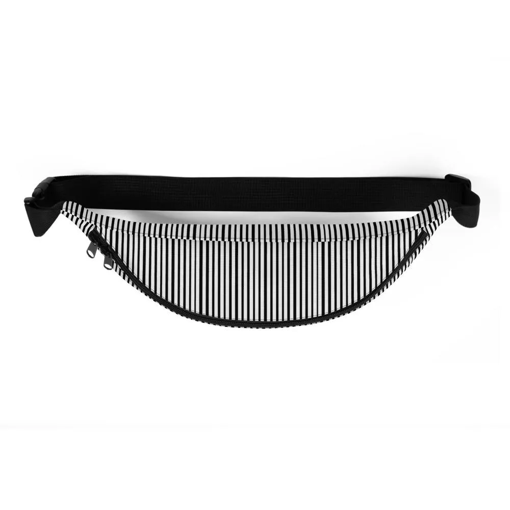 Vertical Black Striped Fanny Pack, White Striped Print Designer Fanny Pack Festival Belt Bag - Made in USA