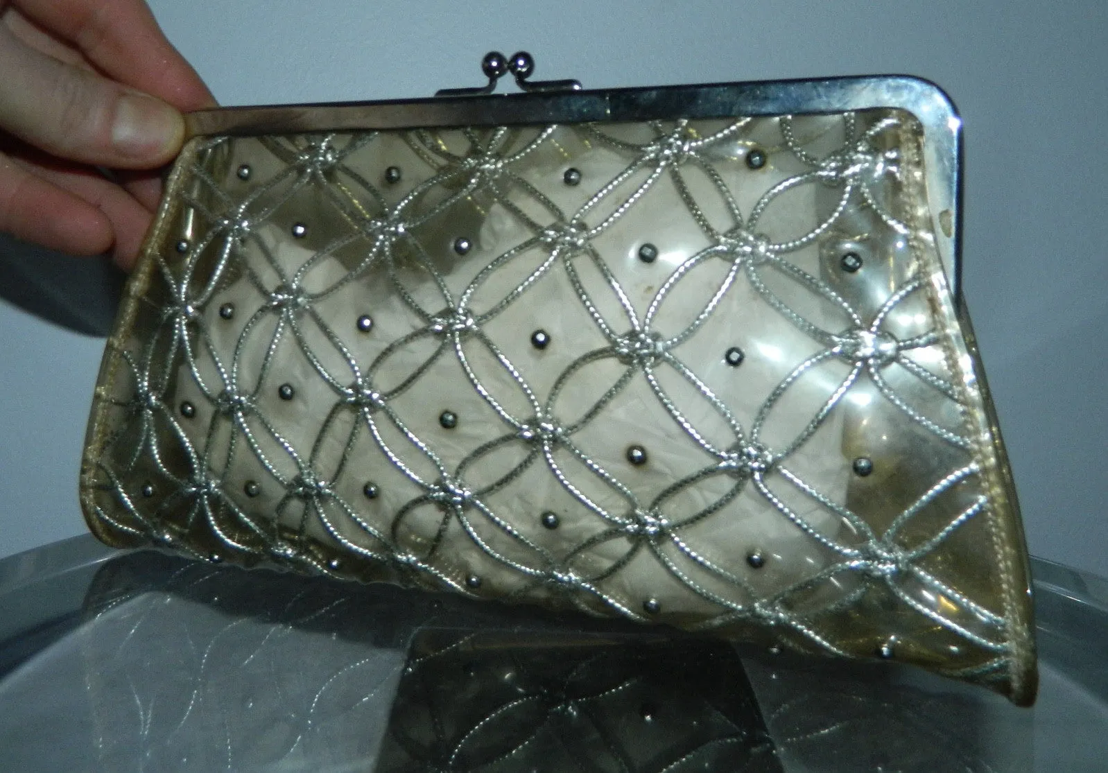 vintage 1950s plastic clutch bag / clear purse / silver metal studs lurex weave