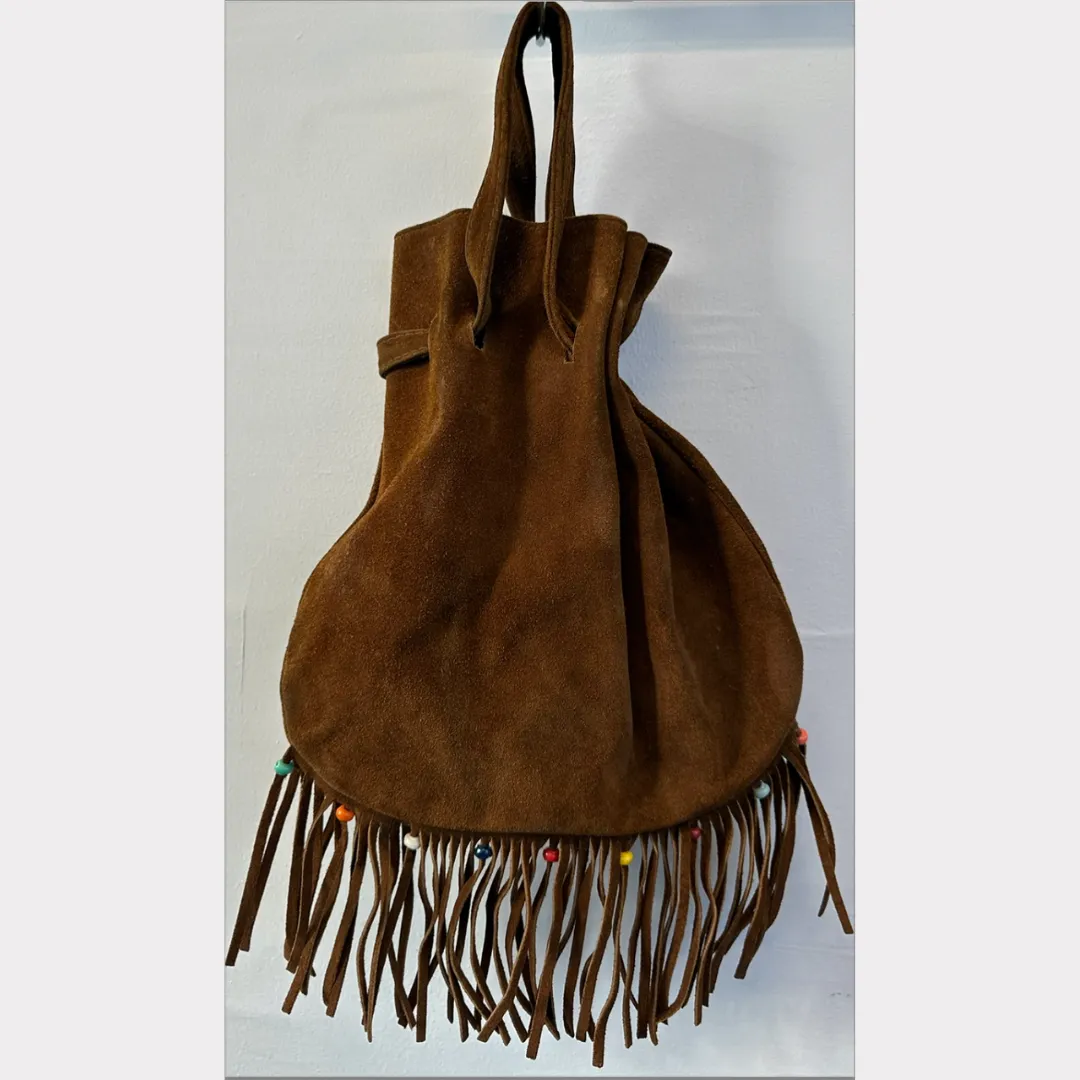 Vintage 1980s Suede Bucket Bag With Fringe