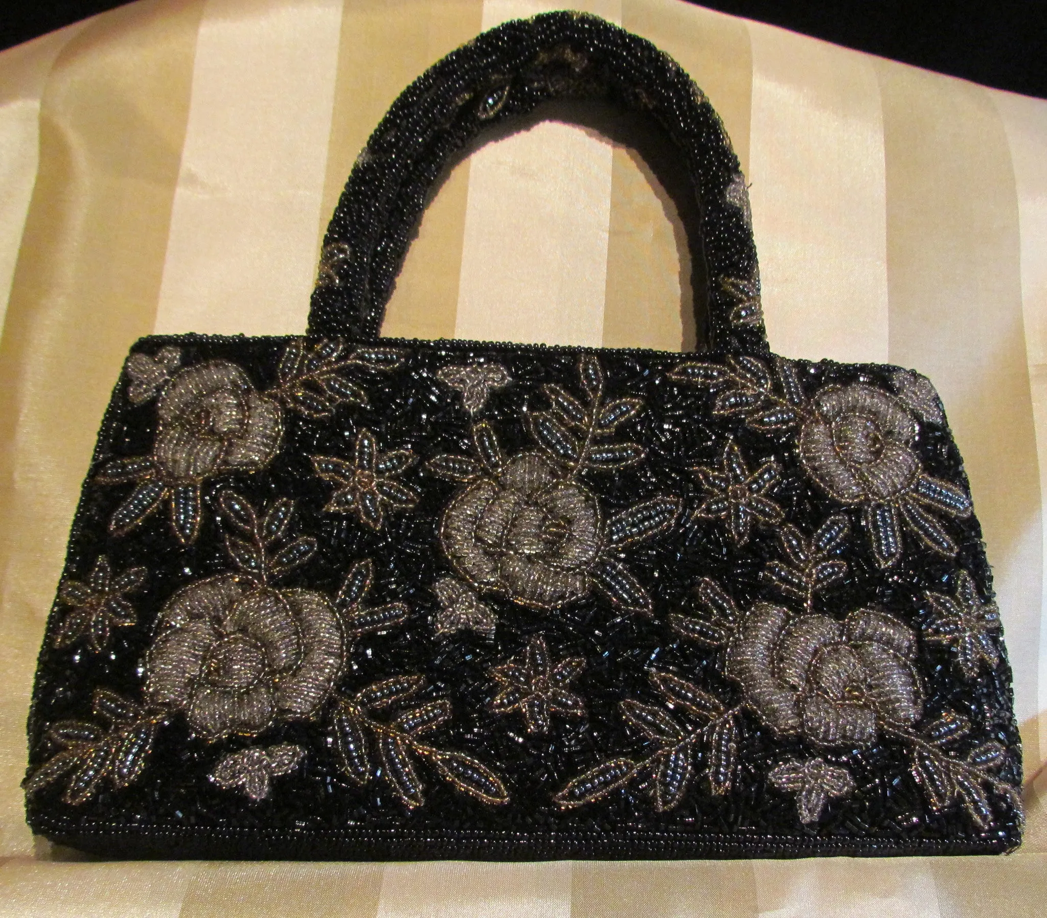 Vintage Black Beaded Purse Black Iridescent Floral Bead Bag Formal Mint Condition