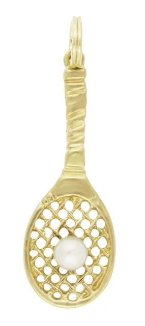 Vintage Tennis Racket Pendant with Pearl Ball in 14 Karat Gold