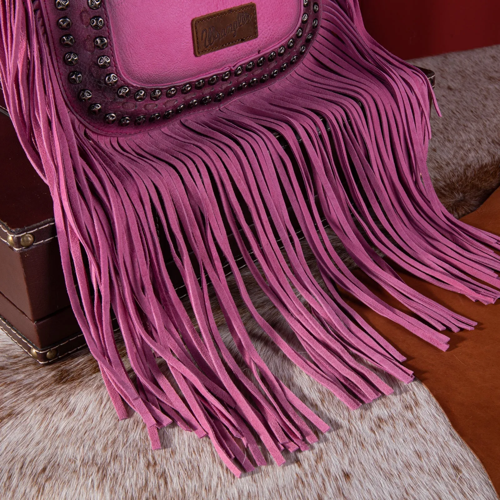 WG65-G2003 Wrangler Rivets Fringe Concealed Carry Crossbody -Hot Pink