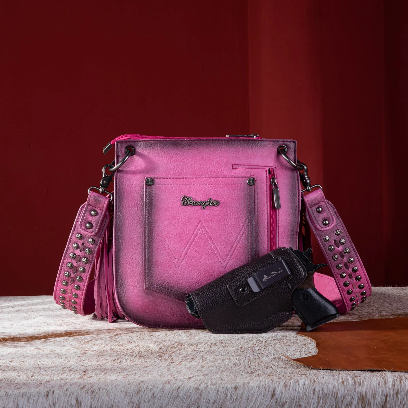 WG65-G2003 Wrangler Rivets Fringe Concealed Carry Crossbody -Hot Pink