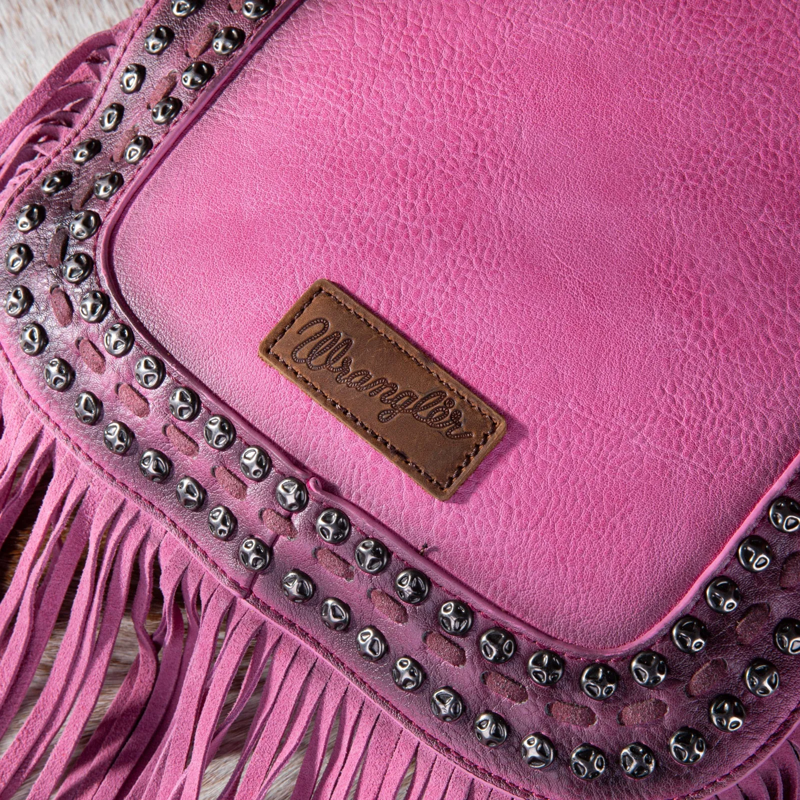 WG65-G2003 Wrangler Rivets Fringe Concealed Carry Crossbody -Hot Pink