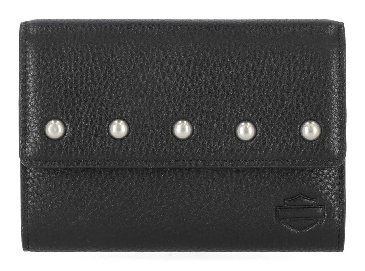 Women's Pebble Leather Bar & Shield Billfold Wallet - Black