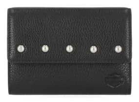 Women's Pebble Leather Bar & Shield Billfold Wallet - Black