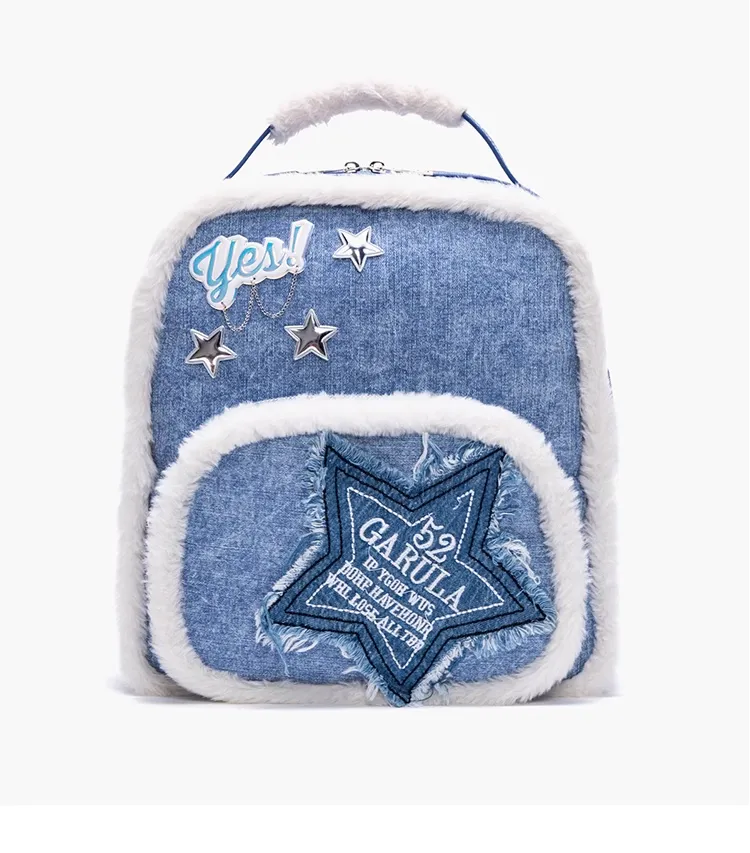 Y2K Denim Plush Fluff Silver Star Bag Backpack