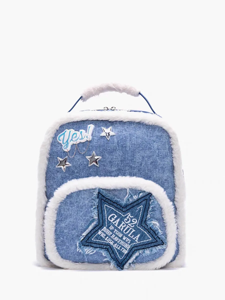 Y2K Denim Plush Fluff Silver Star Bag Backpack